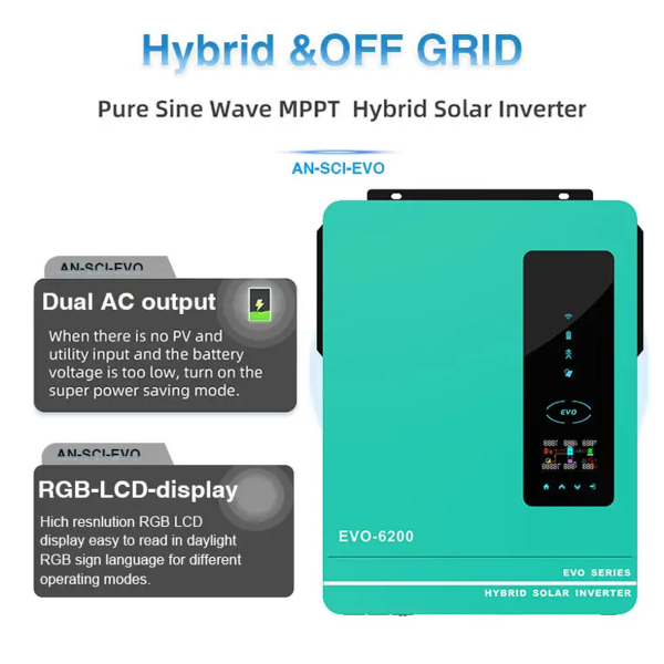 Фото - Інвертор Anern AN-SCI-EVO-6200, 6200W OFF Grid (гібридний) WiFi модуль в комплекті
