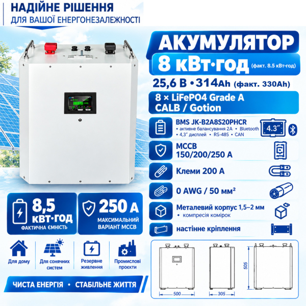 Фото - Акумулятор 8кВт*год, номінальна напруга 25.6В, на базі 8шт. призматичних LiFePO4 комірок CALB (Gotion) 314Ah